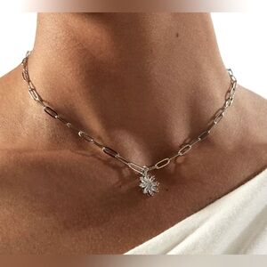 Rhinestone paperclip flower silver chain necklace